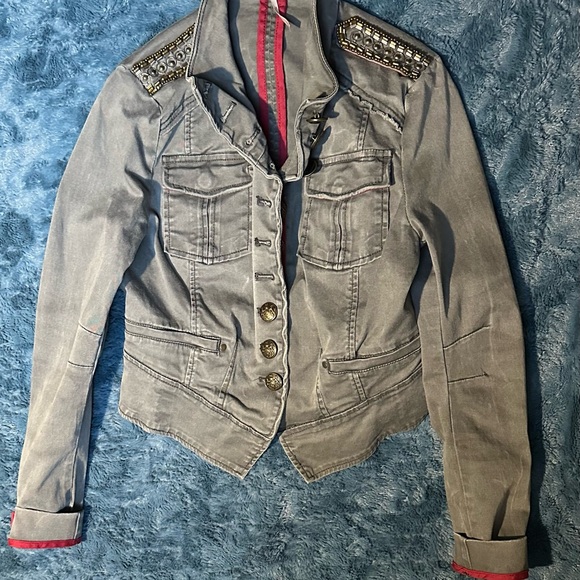 Free People Blue Jean Jacket with Embellished Shoulders - Picture 3 of 8